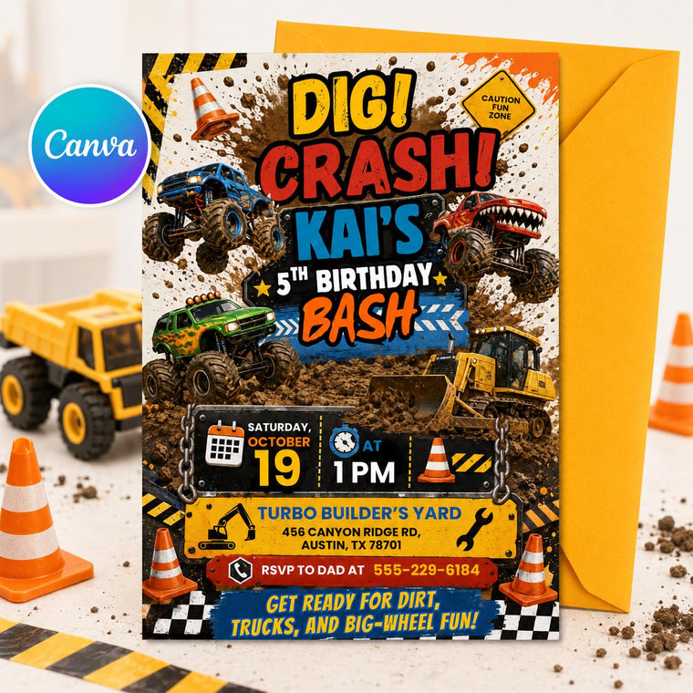 Monster Truck Birthday Invitation: Dig and Crash Bash