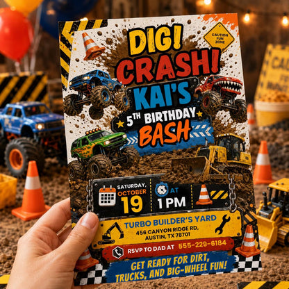Truck Birthday Invitation Template, Trash Truck Birthday Invite , Canva Template __etsy:8094102985
