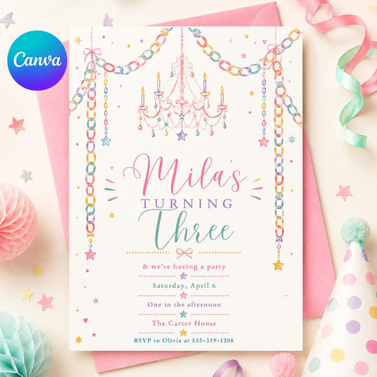 Turning Three Birthday Invitation, Girl 3rd Birthday Party Invite, Garden Party Invite, Editable Wild Flower, Pink Pastel Floral, Canva __etsy:8084908785