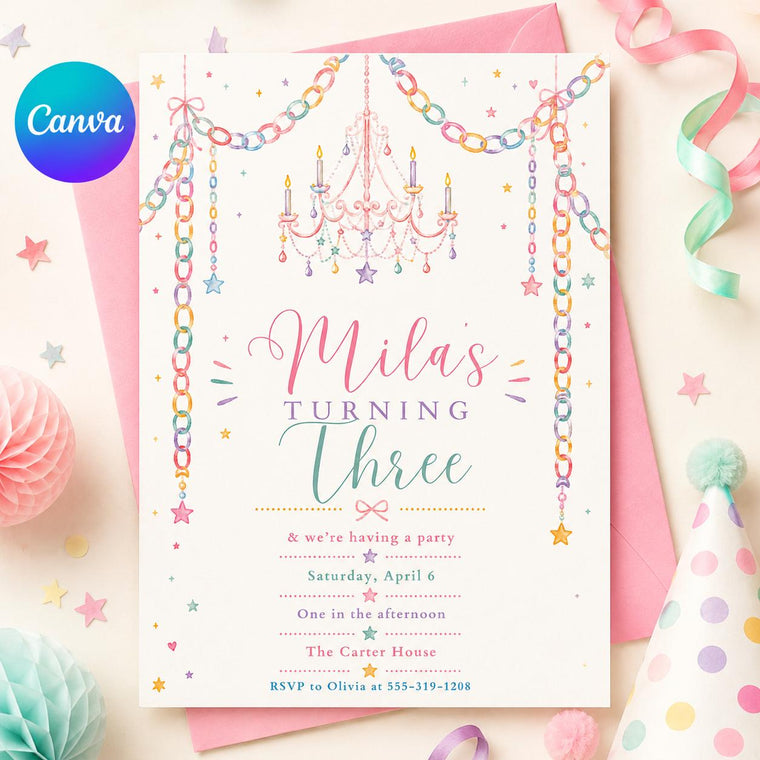 Pink Pastel Turning Three Birthday Invitation for Girls