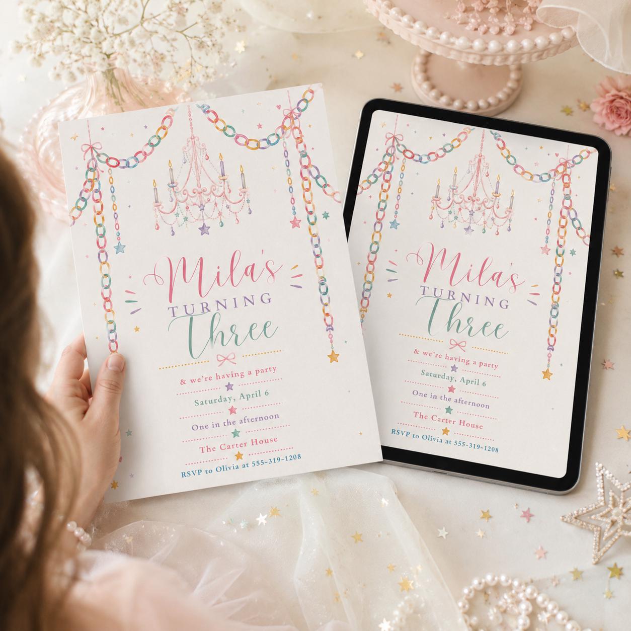 Turning Three Birthday Invitation, Girl 3rd Birthday Party Invite, Garden Party Invite, Editable Wild Flower, Pink Pastel Floral, Canva __etsy:8084908787