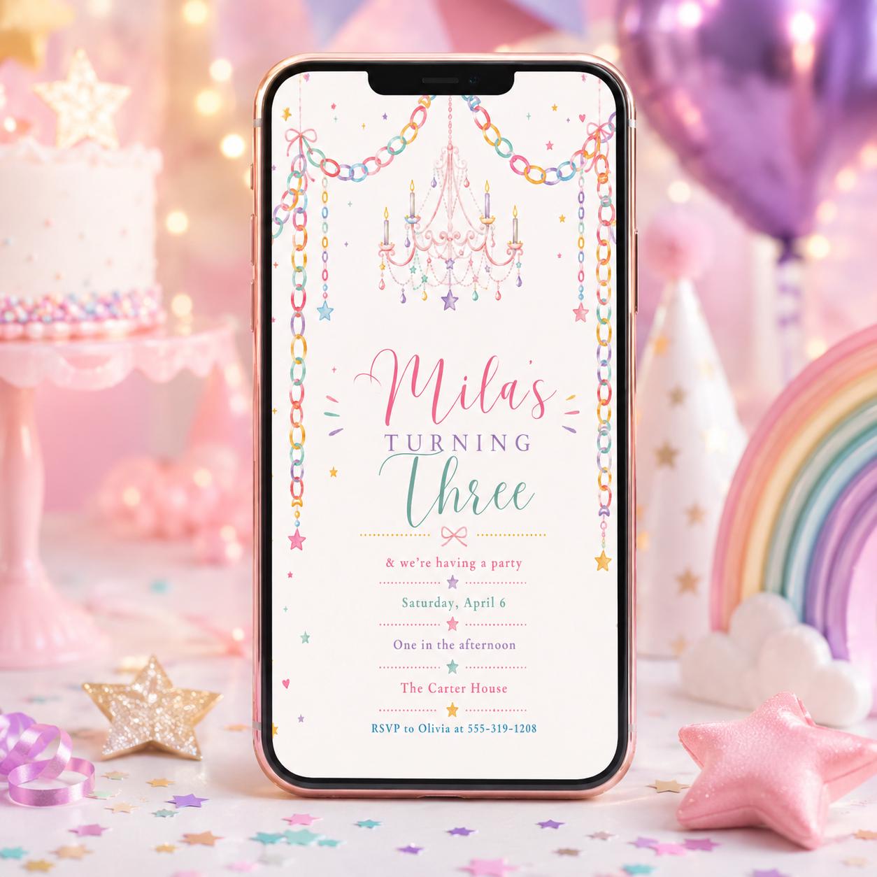 Turning Three Birthday Invitation, Girl 3rd Birthday Party Invite, Garden Party Invite, Editable Wild Flower, Pink Pastel Floral, Canva __etsy:8084908779