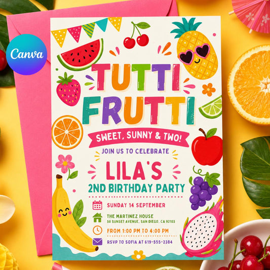 Tutti Fruitti Birthday Invitation, Two-tti Frutti 2nd Birthday Tutti Frutti Tropical Summer,  Sweet, Sunny, Two! Canva Template __etsy:8080623889