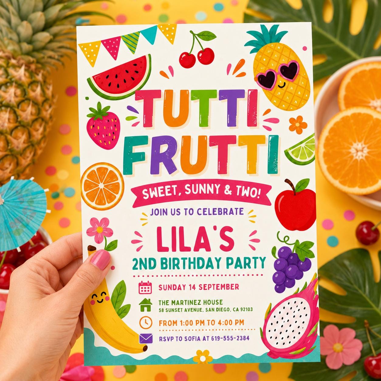 Tutti Fruitti Birthday Invitation, Two-tti Frutti 2nd Birthday Tutti Frutti Tropical Summer,  Sweet, Sunny, Two! Canva Template __etsy:8032707476