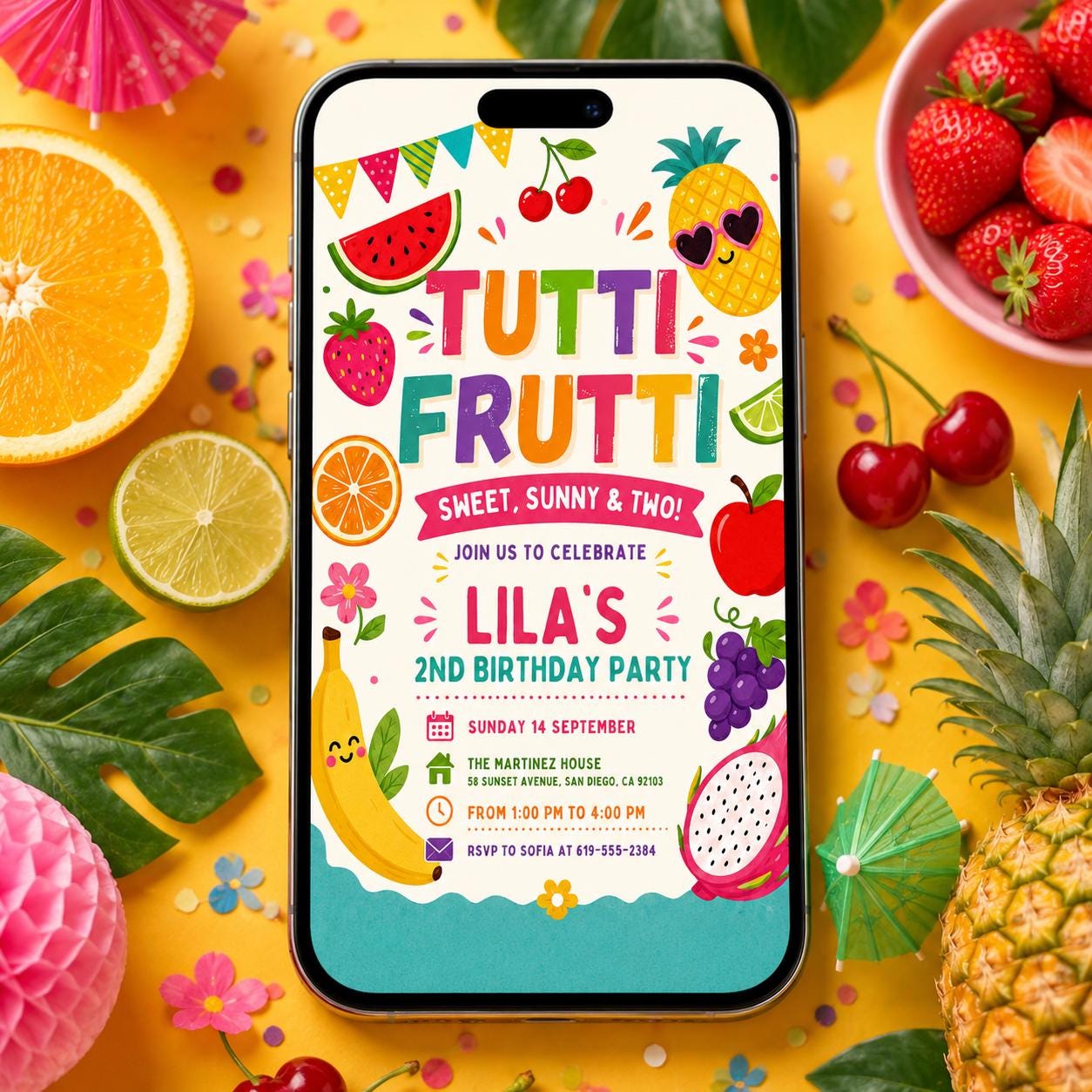 Tutti Fruitti Birthday Invitation, Two-tti Frutti 2nd Birthday Tutti Frutti Tropical Summer,  Sweet, Sunny, Two! Canva Template __etsy:8032707608