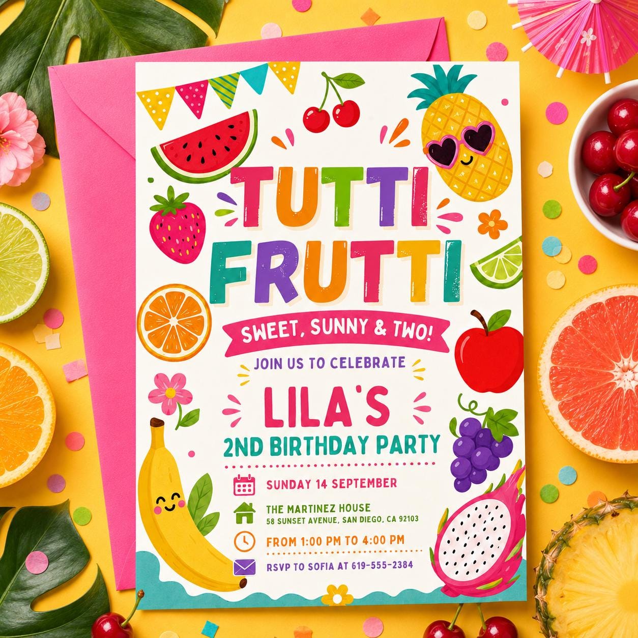 Tutti Fruitti Birthday Invitation, Two-tti Frutti 2nd Birthday Tutti Frutti Tropical Summer,  Sweet, Sunny, Two! Canva Template __etsy:8080619979