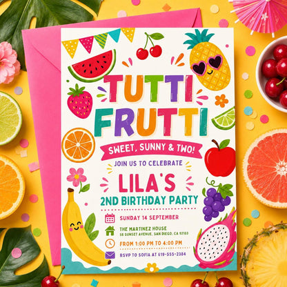 Tutti Fruitti Birthday Invitation, Two-tti Frutti 2nd Birthday Tutti Frutti Tropical Summer,  Sweet, Sunny, Two! Canva Template __etsy:8080619979