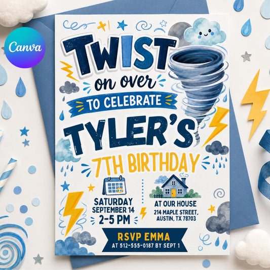 Twisted on Over to Celebrate Birthday Invite, Tornado-Themed Birthday Invitation Boy Invite, Twister 7th Birthday Invitation, Canva Template __etsy:7991917900