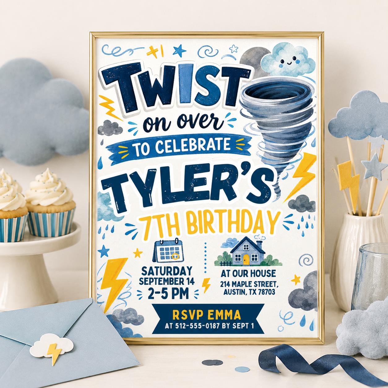Twisted on Over to Celebrate Birthday Invite, Tornado-Themed Birthday Invitation Boy Invite, Twister 7th Birthday Invitation, Canva Template __etsy:7991917982