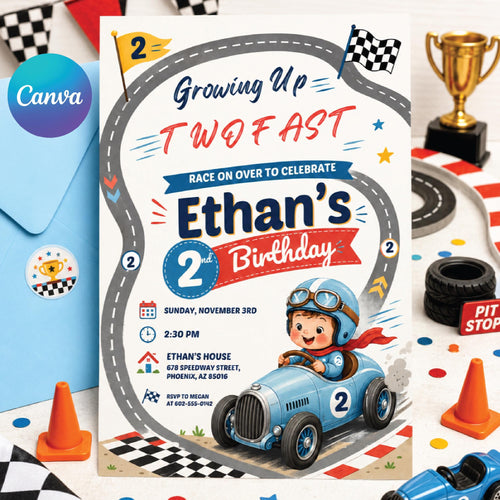 Red Retro Two Fast Birthday Invitation for Boys — editable Canva template
