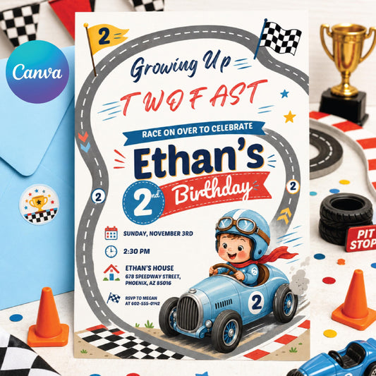 Two Fast Birthday Invite, Retro Race Car Invitation, Race Car Invite Boy, Red Race Car Invite, Racing Flags Invite, Racing Party Invitation __etsy:8010756928