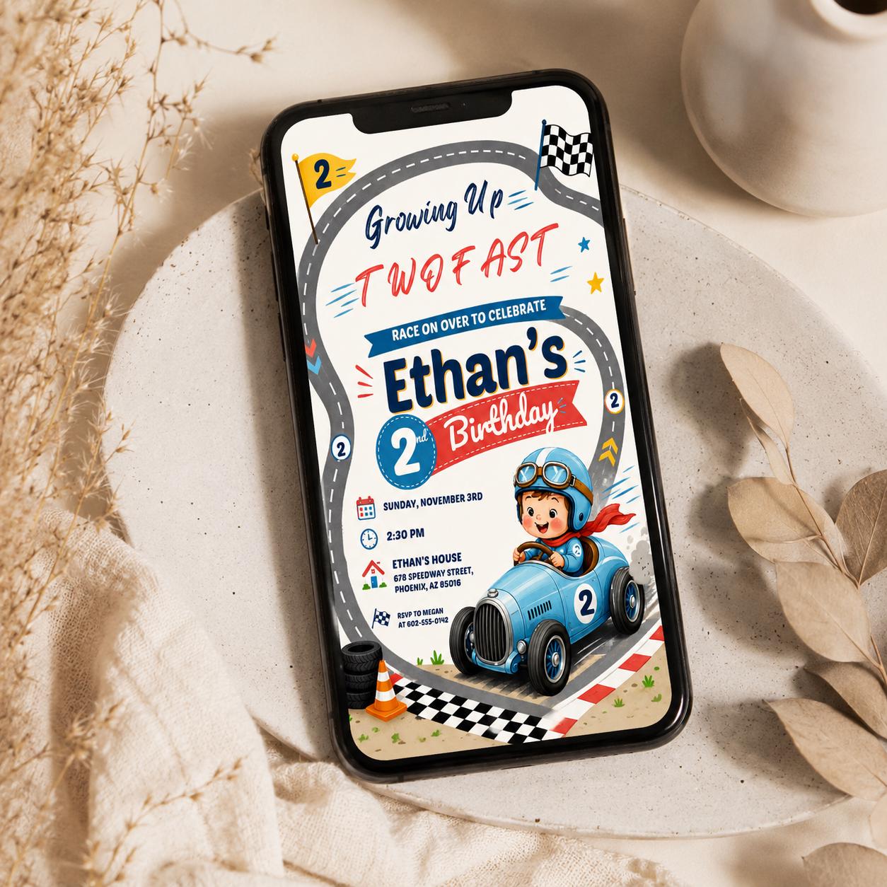 Two Fast Birthday Invite, Retro Race Car Invitation, Race Car Invite Boy, Red Race Car Invite, Racing Flags Invite, Racing Party Invitation __etsy:8010738720