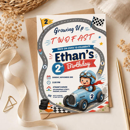 Two Fast Birthday Invite, Retro Race Car Invitation, Race Car Invite Boy, Red Race Car Invite, Racing Flags Invite, Racing Party Invitation __etsy:8058652355