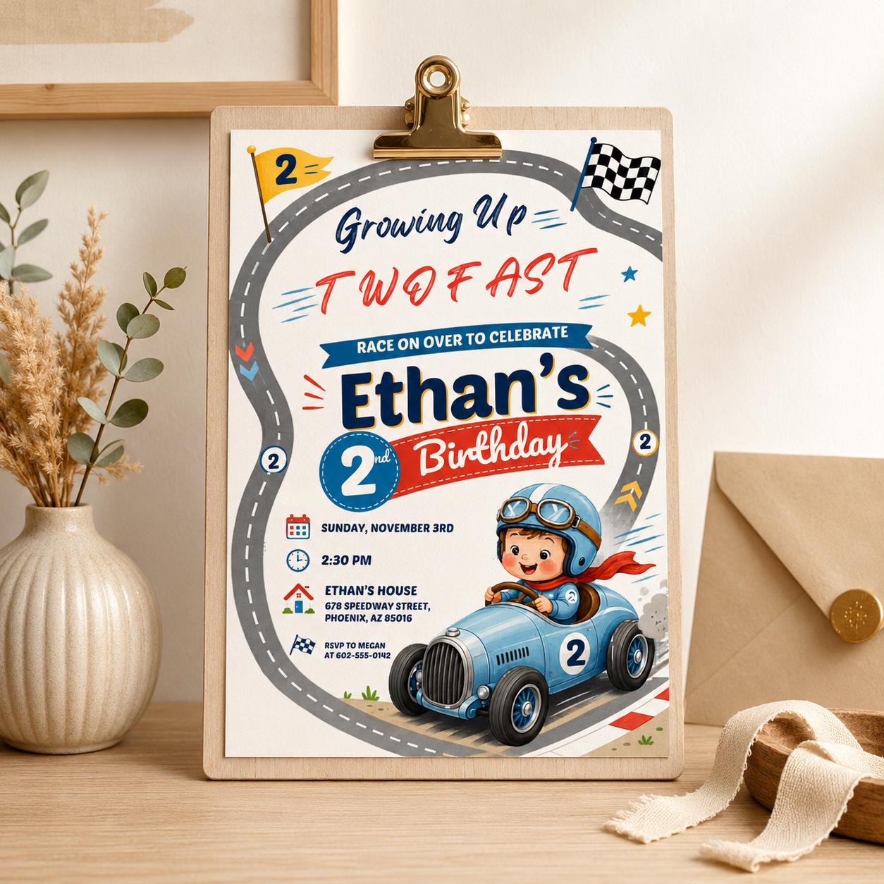 Two Fast Birthday Invite, Retro Race Car Invitation, Race Car Invite Boy, Red Race Car Invite, Racing Flags Invite, Racing Party Invitation __etsy:8058652323