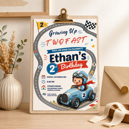Two Fast Birthday Invite, Retro Race Car Invitation, Race Car Invite Boy, Red Race Car Invite, Racing Flags Invite, Racing Party Invitation __etsy:8058652323