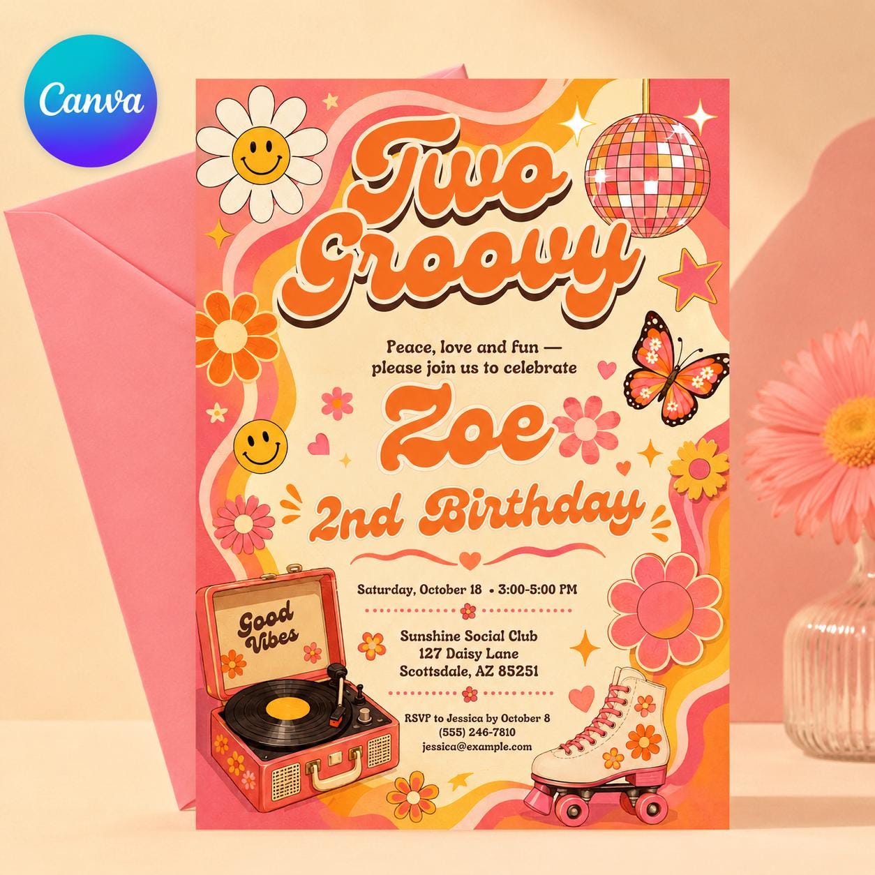 Two Groovy 2nd Birthday Invitation Template, Two Groovy Birthday Invitation Hippie Van Editable Two Groovy Invite Groovy Decorations Hippie __etsy:8097667627