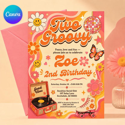 Two Groovy 2nd Birthday Invitation Template, Two Groovy Birthday Invitation Hippie Van Editable Two Groovy Invite Groovy Decorations Hippie __etsy:8097667627