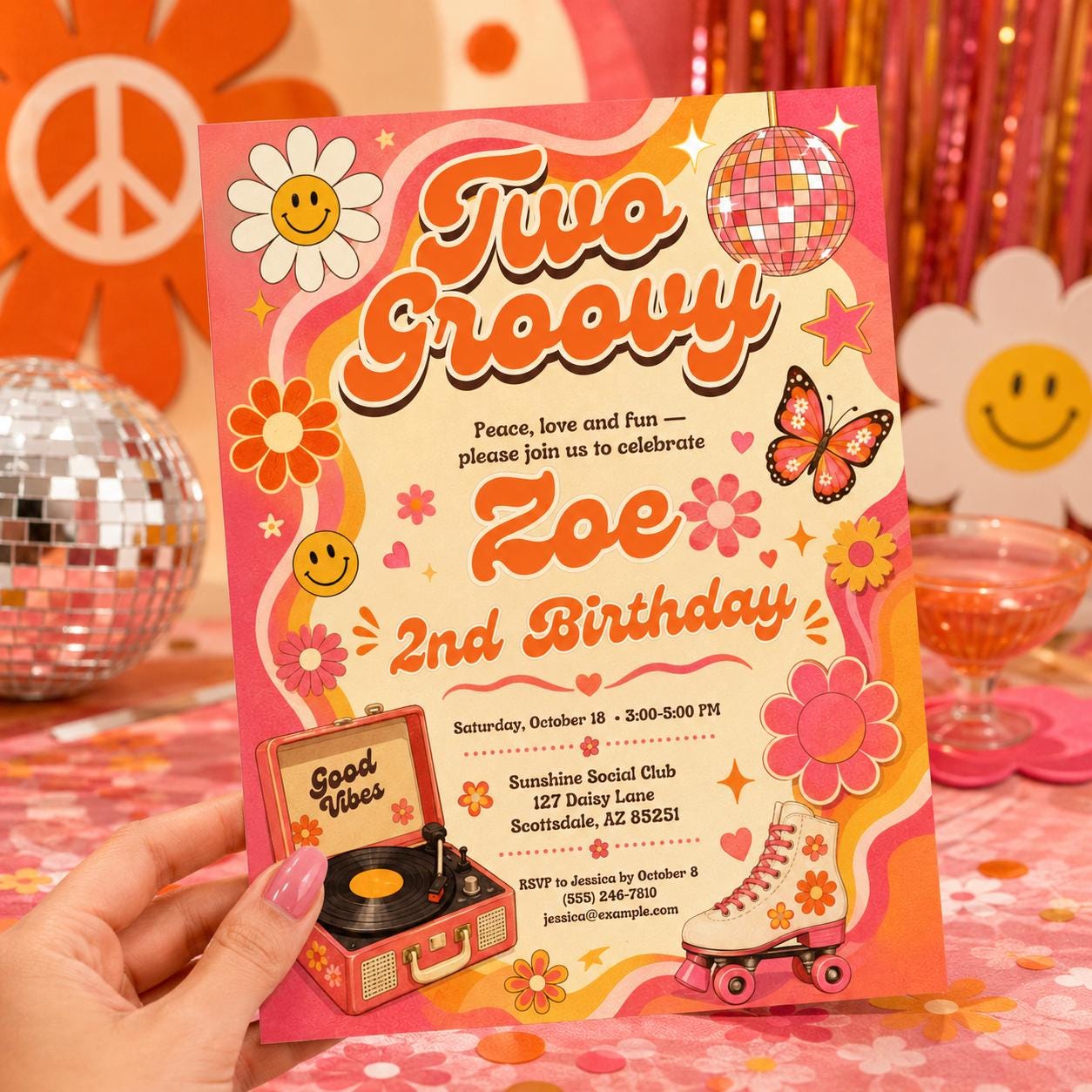 Two Groovy 2nd Birthday Invitation Template, Two Groovy Birthday Invitation Hippie Van Editable Two Groovy Invite Groovy Decorations Hippie __etsy:8097667503