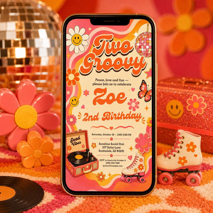 Two Groovy 2nd Birthday Invitation Template, Two Groovy Birthday Invitation Hippie Van Editable Two Groovy Invite Groovy Decorations Hippie __etsy:8097667513