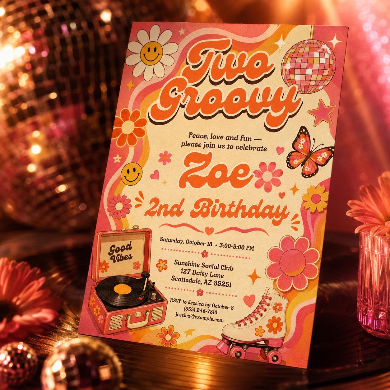 Two Groovy 2nd Birthday Invitation Template, Two Groovy Birthday Invitation Hippie Van Editable Two Groovy Invite Groovy Decorations Hippie __etsy:8097667611