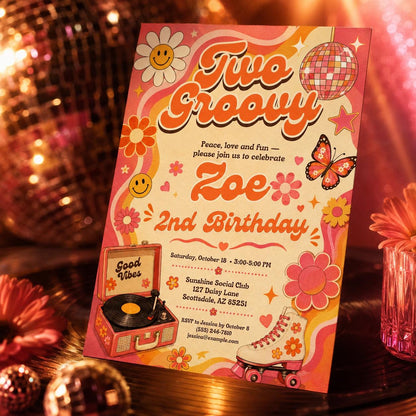 Two Groovy 2nd Birthday Invitation Template, Two Groovy Birthday Invitation Hippie Van Editable Two Groovy Invite Groovy Decorations Hippie __etsy:8097667611