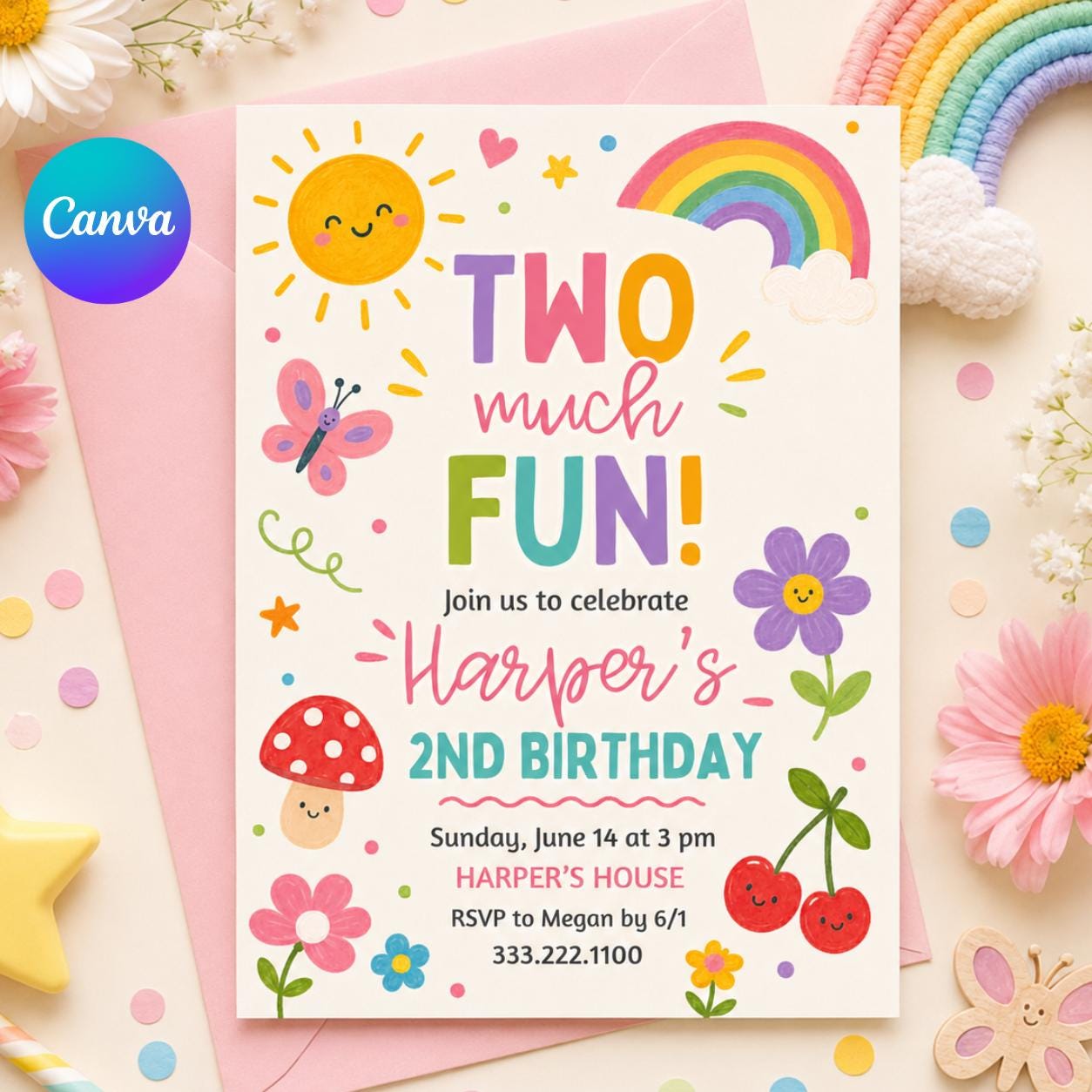 Two Much Fun Birthday Invite, Colorful 2nd Birthday Template, Editable Girl Party Invite,  Watercolor, Gingham, Rainbow,  Canva Template __etsy:8080513459