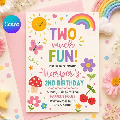 Two Much Fun Birthday Invite, Colorful 2nd Birthday Template, Editable Girl Party Invite,  Watercolor, Gingham, Rainbow,  Canva Template __etsy:8080513459