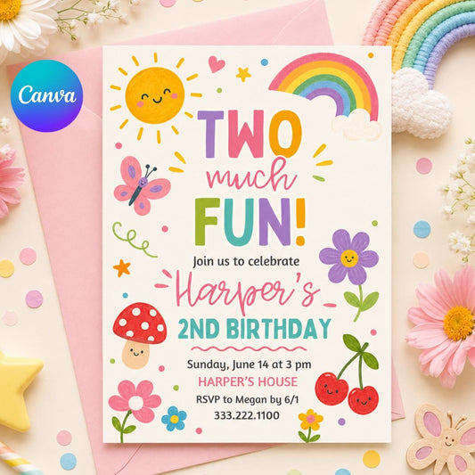 Two Much Fun Birthday Invite, Colorful 2nd Birthday Template, Editable Girl Party Invite,  Watercolor, Gingham, Rainbow,  Canva Template __etsy:8080513459