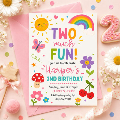 Two Much Fun Birthday Invite, Colorful 2nd Birthday Template, Editable Girl Party Invite,  Watercolor, Gingham, Rainbow,  Canva Template __etsy:8080512511