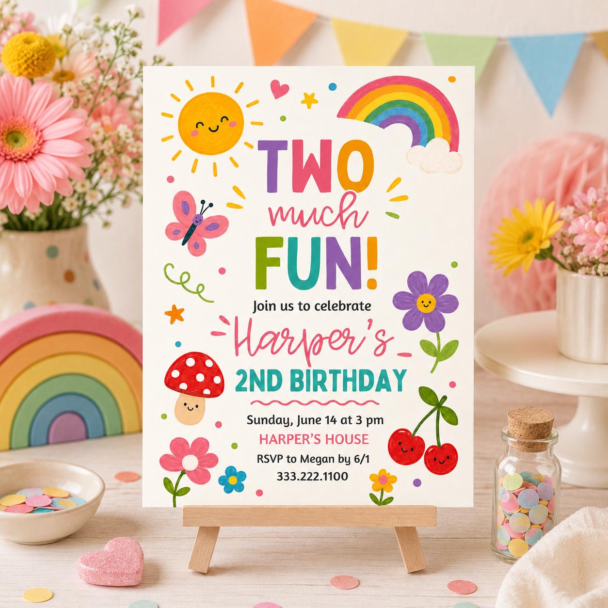 Two Much Fun Birthday Invite, Colorful 2nd Birthday Template, Editable Girl Party Invite,  Watercolor, Gingham, Rainbow,  Canva Template __etsy:8080512585
