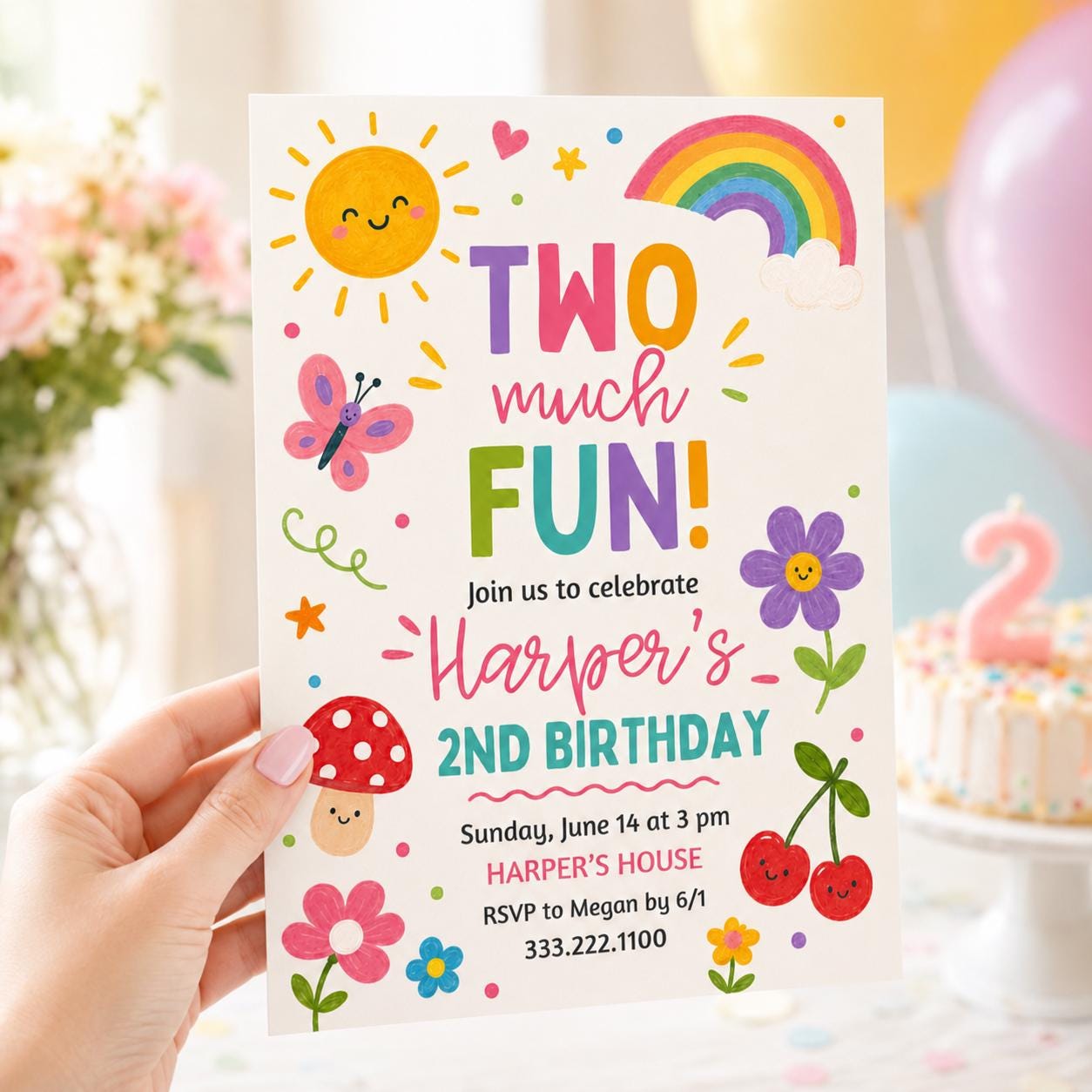 Two Much Fun Birthday Invite, Colorful 2nd Birthday Template, Editable Girl Party Invite,  Watercolor, Gingham, Rainbow,  Canva Template __etsy:8032601536