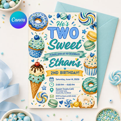 Two Sweet Birthday Invitation Girl Second Birthday Dessert Theme Invite Candy Donut Ice Cream Sweets Party, 2nd Birthday , Canva Template __etsy:8068077428