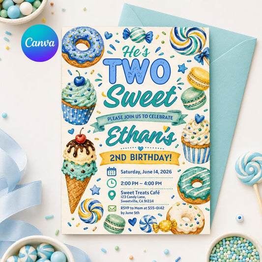 Two Sweet Birthday Invitation Girl Second Birthday Dessert Theme Invite Candy Donut Ice Cream Sweets Party, 2nd Birthday , Canva Template __etsy:8068077428