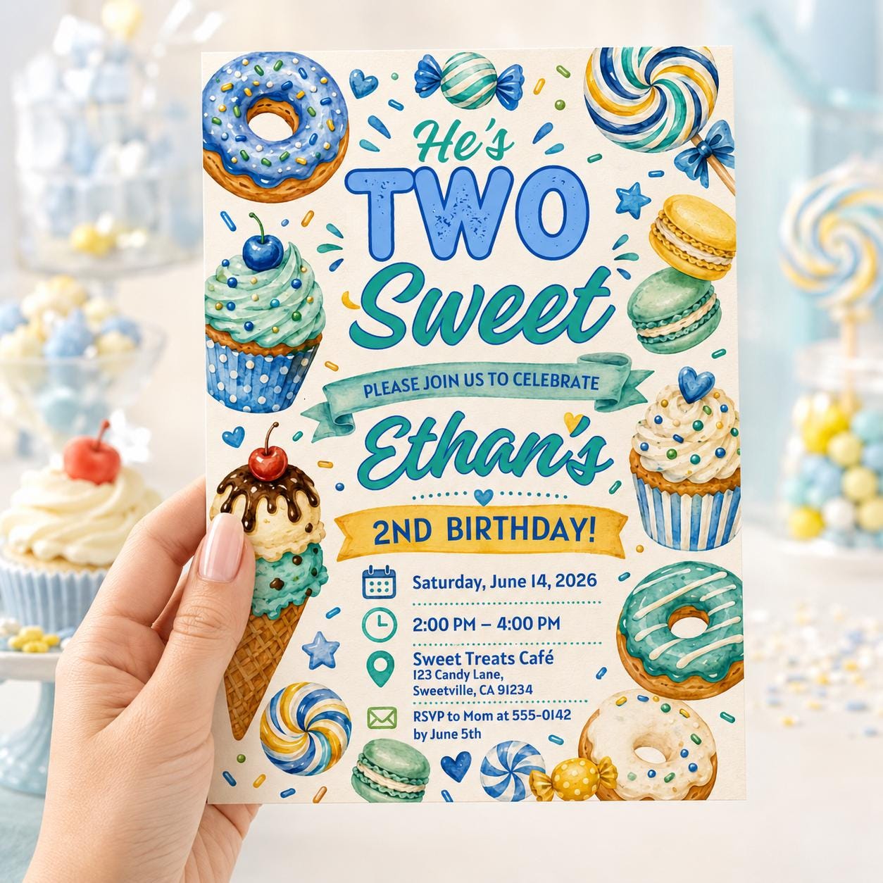 Two Sweet Birthday Invitation Girl Second Birthday Dessert Theme Invite Candy Donut Ice Cream Sweets Party, 2nd Birthday , Canva Template __etsy:8068077298