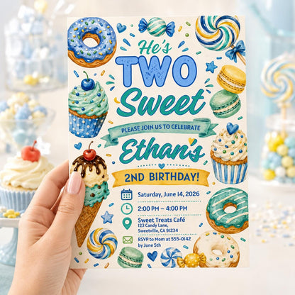 Two Sweet Birthday Invitation Girl Second Birthday Dessert Theme Invite Candy Donut Ice Cream Sweets Party, 2nd Birthday , Canva Template __etsy:8068077298