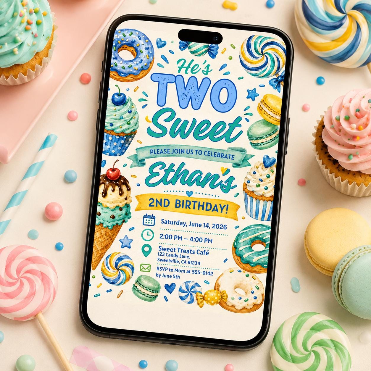 Two Sweet Birthday Invitation Girl Second Birthday Dessert Theme Invite Candy Donut Ice Cream Sweets Party, 2nd Birthday , Canva Template __etsy:8068077424