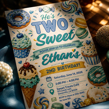 Two Sweet Birthday Invitation Girl Second Birthday Dessert Theme Invite Candy Donut Ice Cream Sweets Party, 2nd Birthday , Canva Template __etsy:8115998121