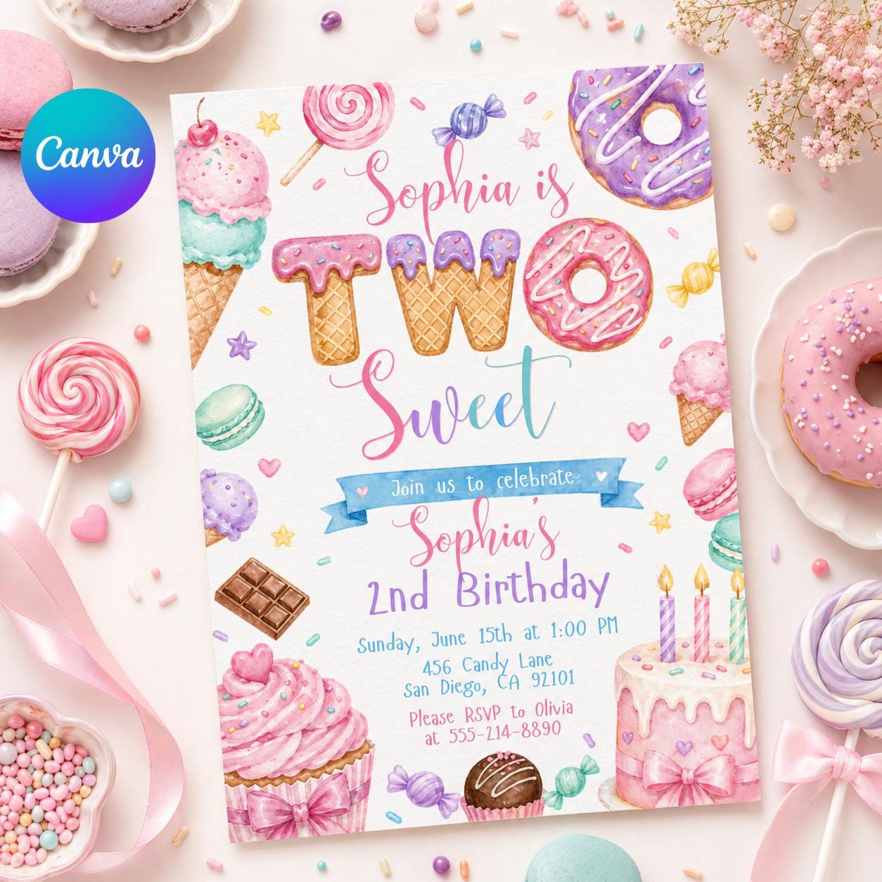 Two Sweet Birthday Invitation In Pink, Personalized Girl Second Birthday Invitation (Digital Download) __etsy:7959259922