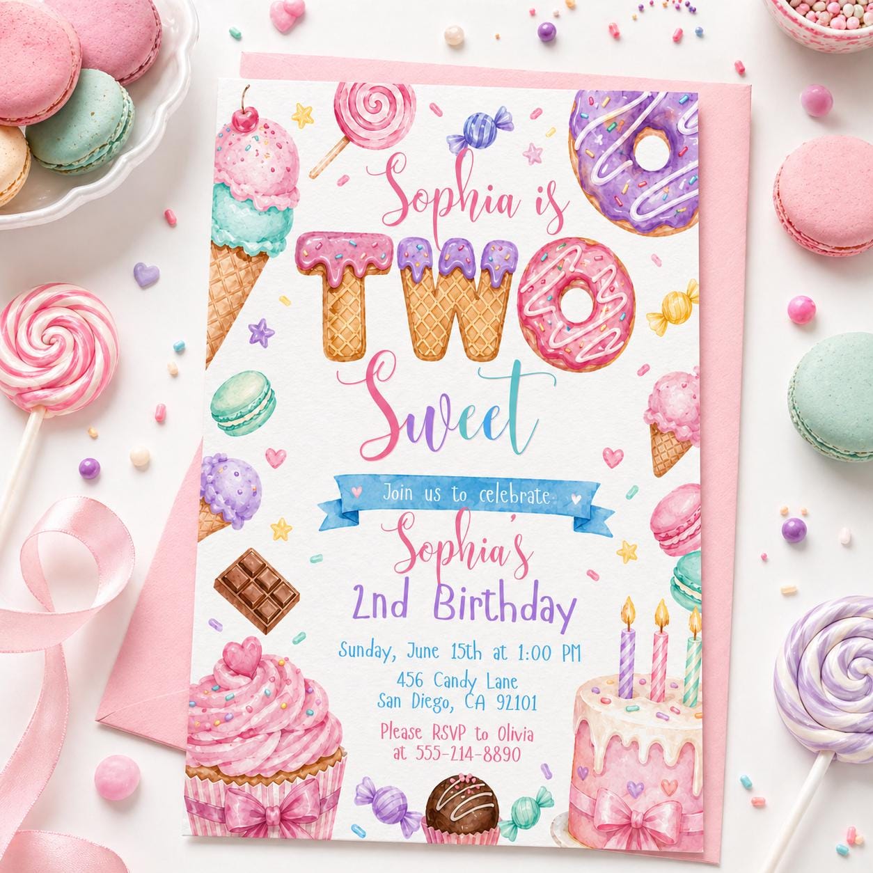 Two Sweet Birthday Invitation In Pink, Personalized Girl Second Birthday Invitation (Digital Download) __etsy:8007214865