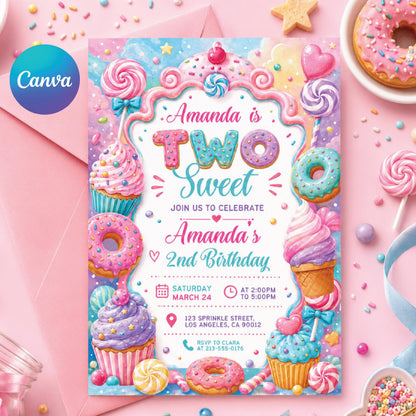Two Sweet Birthday Invitation Template, 2nd Birthday Girls Donut Invitation, Two Sweet Invite Girl, Printable 2nd Birthday Invitation Pink __etsy:8058863823