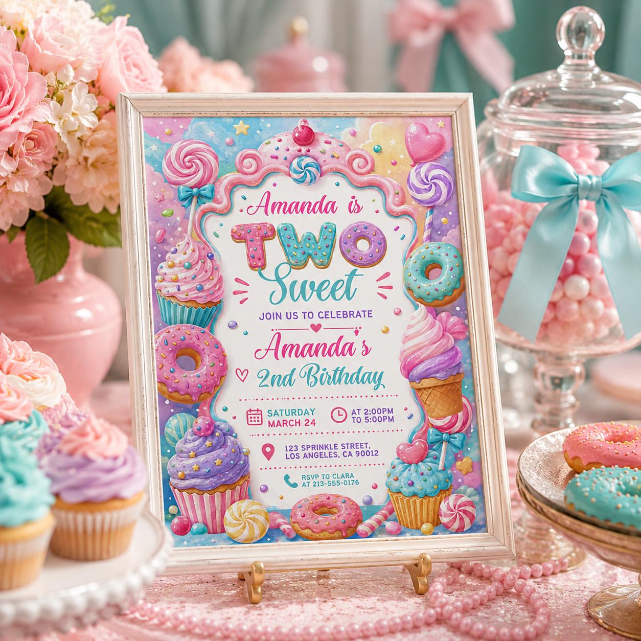 Two Sweet Birthday Invitation Template, 2nd Birthday Girls Donut Invitation, Two Sweet Invite Girl, Printable 2nd Birthday Invitation Pink __etsy:8058858849
