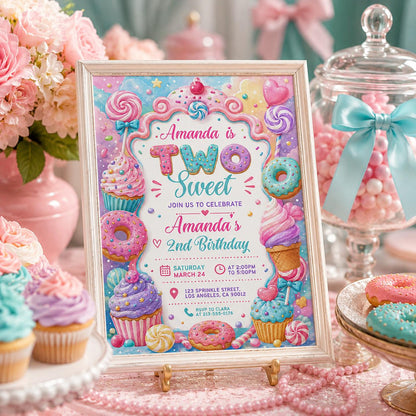 Two Sweet Birthday Invitation Template, 2nd Birthday Girls Donut Invitation, Two Sweet Invite Girl, Printable 2nd Birthday Invitation Pink __etsy:8058858849
