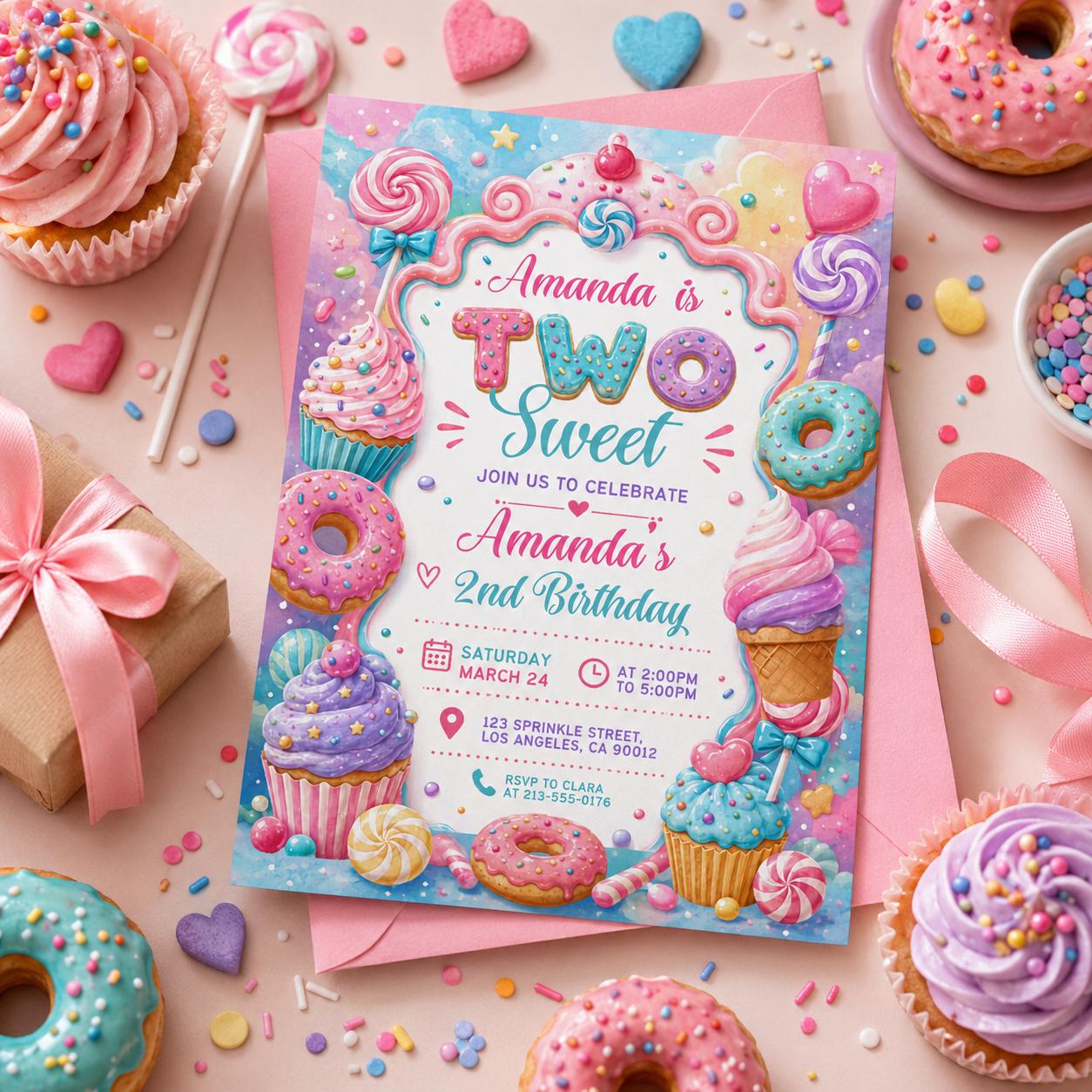 Two Sweet Birthday Invitation Template, 2nd Birthday Girls Donut Invitation, Two Sweet Invite Girl, Printable 2nd Birthday Invitation Pink __etsy:8058858859