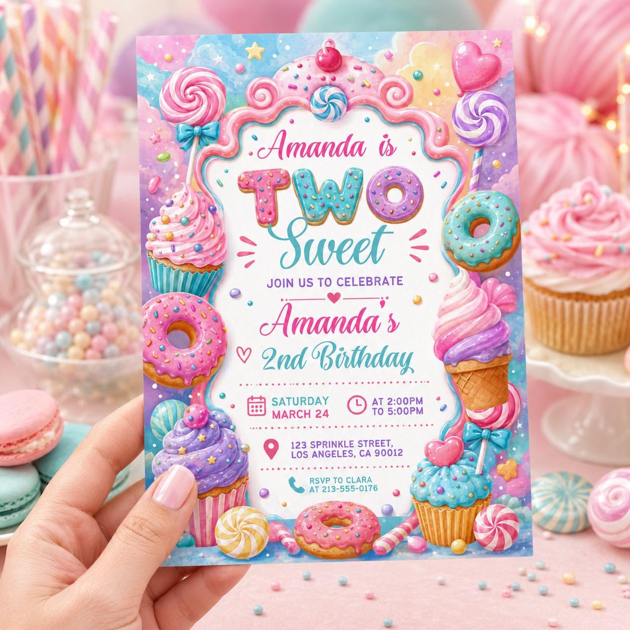 Two Sweet Birthday Invitation Template, 2nd Birthday Girls Donut Invitation, Two Sweet Invite Girl, Printable 2nd Birthday Invitation Pink __etsy:8010945202