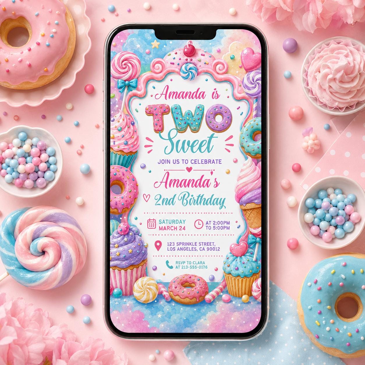 Two Sweet Birthday Invitation Template, 2nd Birthday Girls Donut Invitation, Two Sweet Invite Girl, Printable 2nd Birthday Invitation Pink __etsy:8058858867