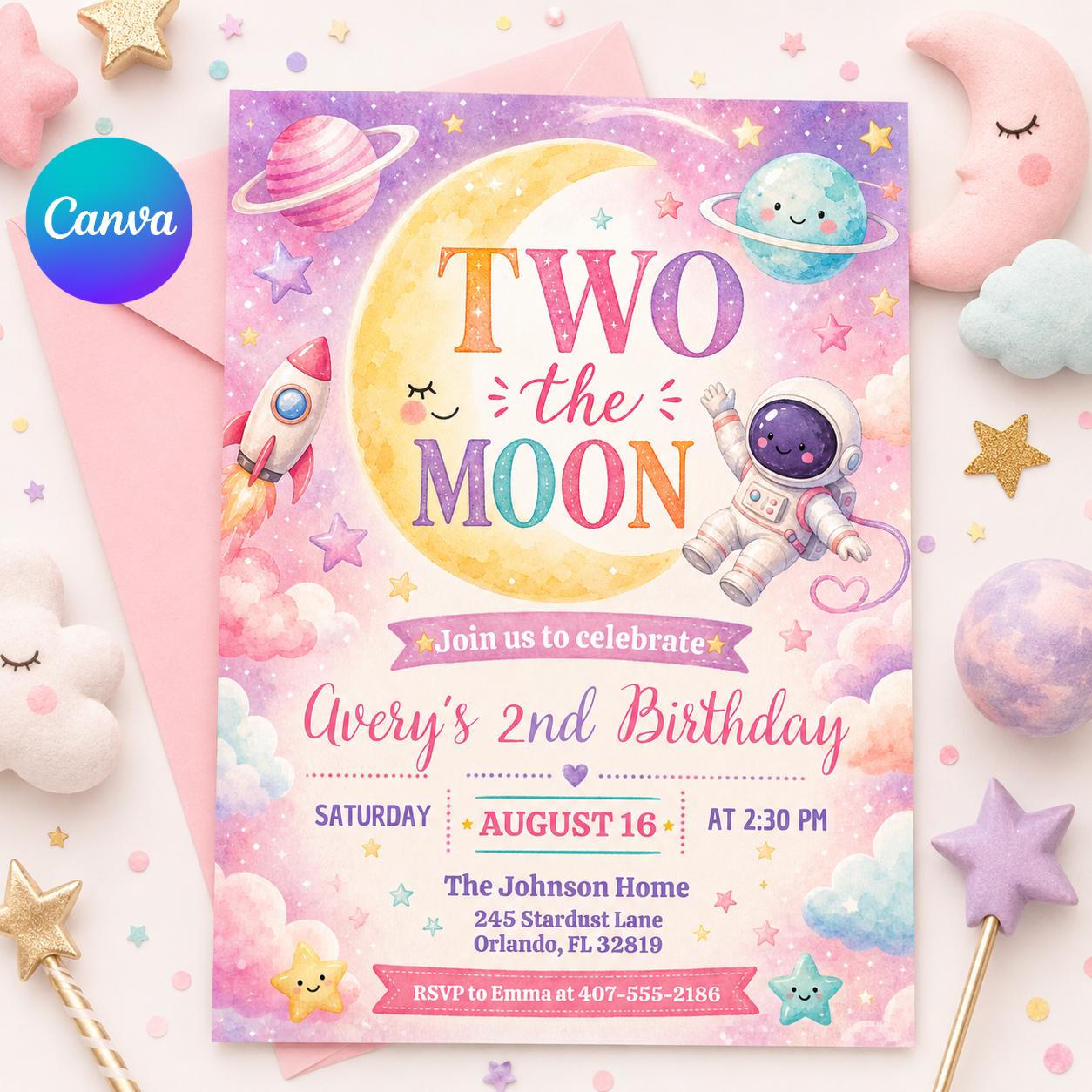 Two The Moon Birthday Invitation Template, Space 2nd Birthday Invite Boy, Outer Space Party, Editable Canva Invite, Rocket Moon Theme __etsy:7991721272