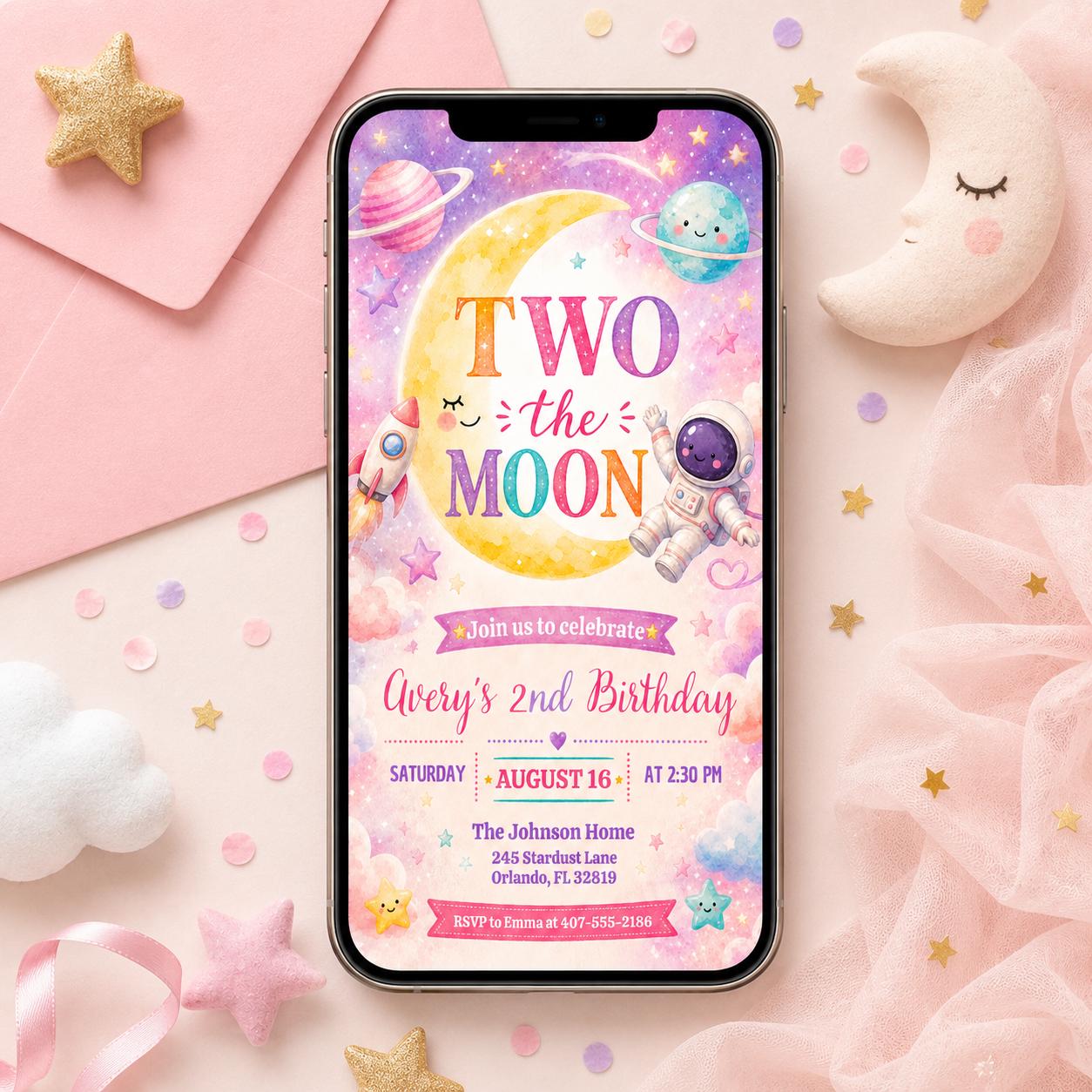 Two The Moon Birthday Invitation Template, Space 2nd Birthday Invite Boy, Outer Space Party, Editable Canva Invite, Rocket Moon Theme __etsy:8039658941