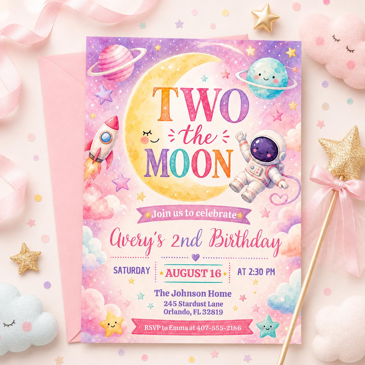 Two The Moon Birthday Invitation Template, Space 2nd Birthday Invite Boy, Outer Space Party, Editable Canva Invite, Rocket Moon Theme __etsy:8039659009