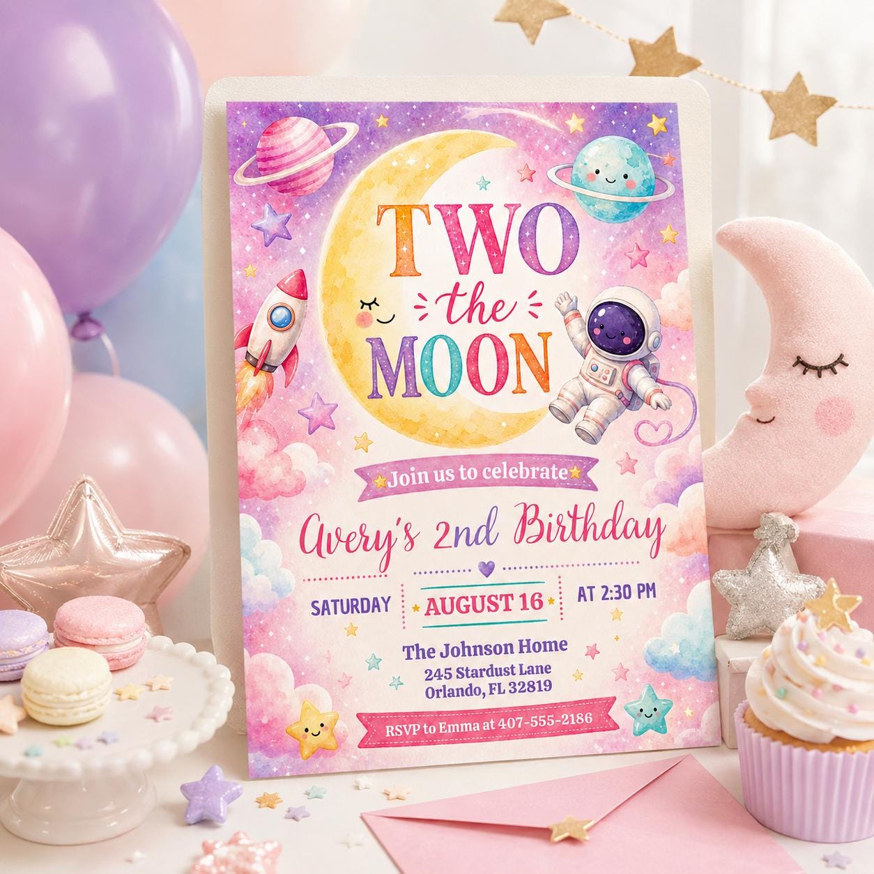 Two The Moon Birthday Invitation Template, Space 2nd Birthday Invite Boy, Outer Space Party, Editable Canva Invite, Rocket Moon Theme __etsy:8039659075
