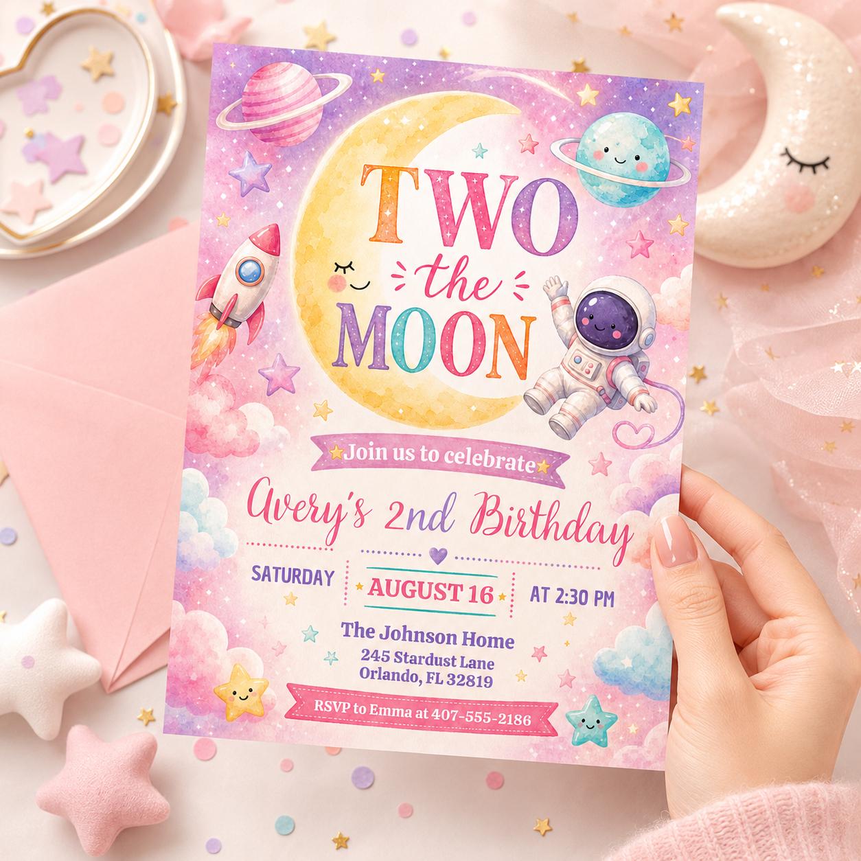 Two The Moon Birthday Invitation Template, Space 2nd Birthday Invite Boy, Outer Space Party, Editable Canva Invite, Rocket Moon Theme __etsy:8039659073